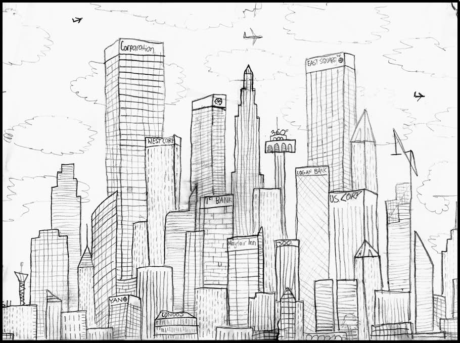 Coloriage d'un gratte-ciel moderne en milieu urbain
