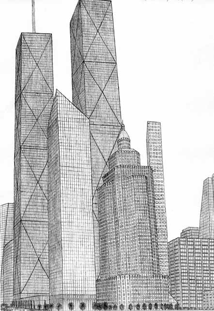 Coloriage d'un gratte-ciel moderne en milieu urbain
