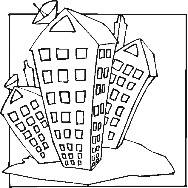 Coloriage d'un gratte-ciel moderne entouré de nuages