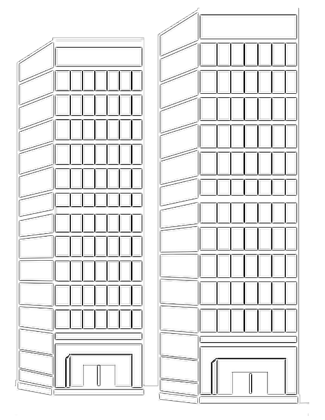 Coloriage d'un gratte-ciel en milieu urbain avec des éléments architecturaux variés