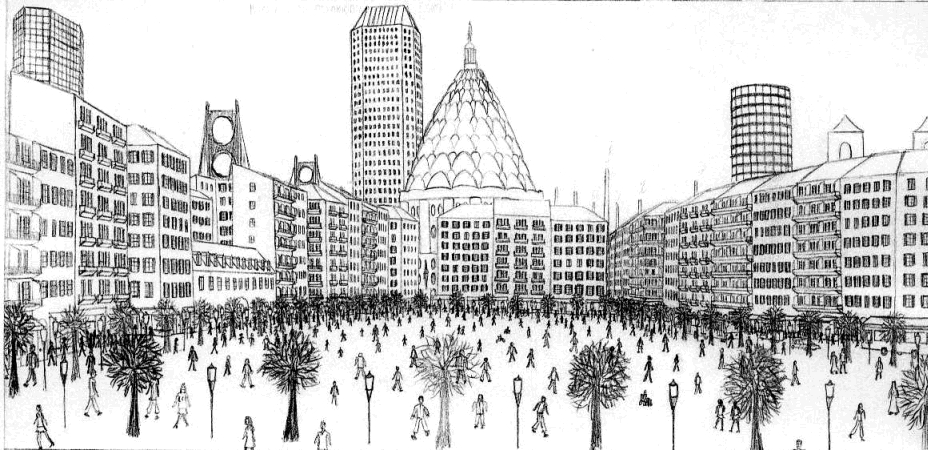 Coloriage d'un gratte-ciel moderne dans une ville animée
