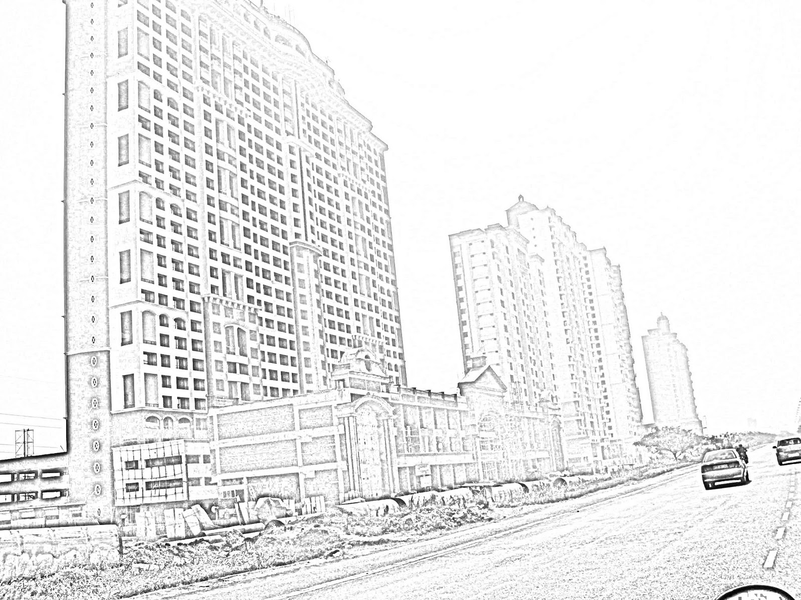 Coloriage d'un gratte-ciel moderne en milieu urbain