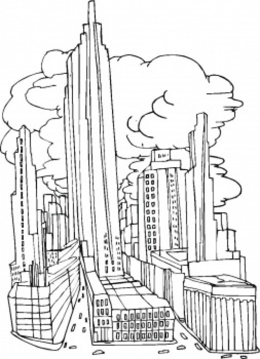 Coloriage d'un gratte-ciel moderne en milieu urbain