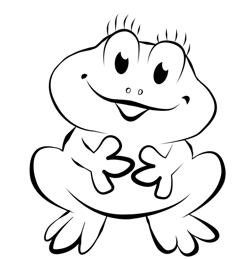 Coloriage d'une grenouille assise sur une feuille de nénuphar au bord d'un étang