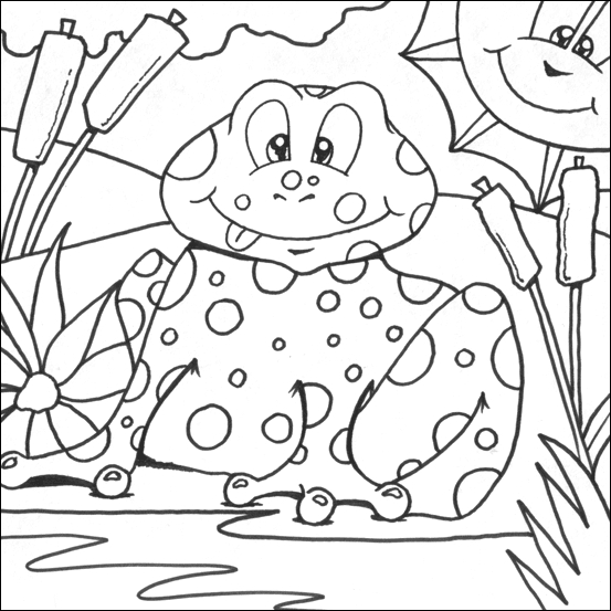 Coloriage d'une grenouille posée sur une feuille au bord de l'eau