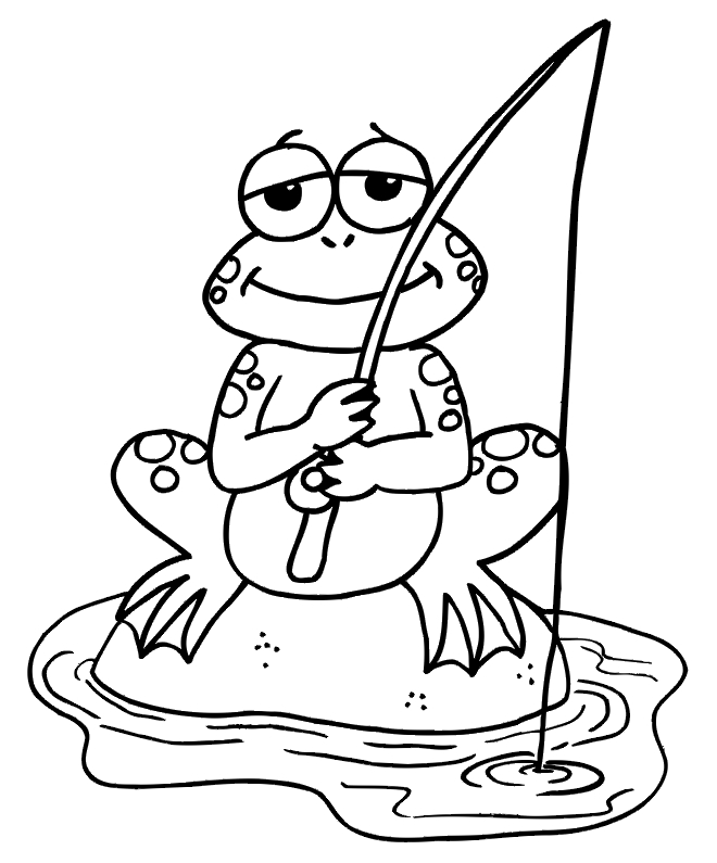 Coloriage d'une grenouille assise sur une feuille de nénuphar au bord d'un étang