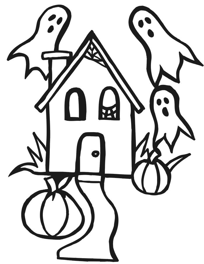 Coloriage d'une scène d'Halloween avec un fantôme et des citrouilles