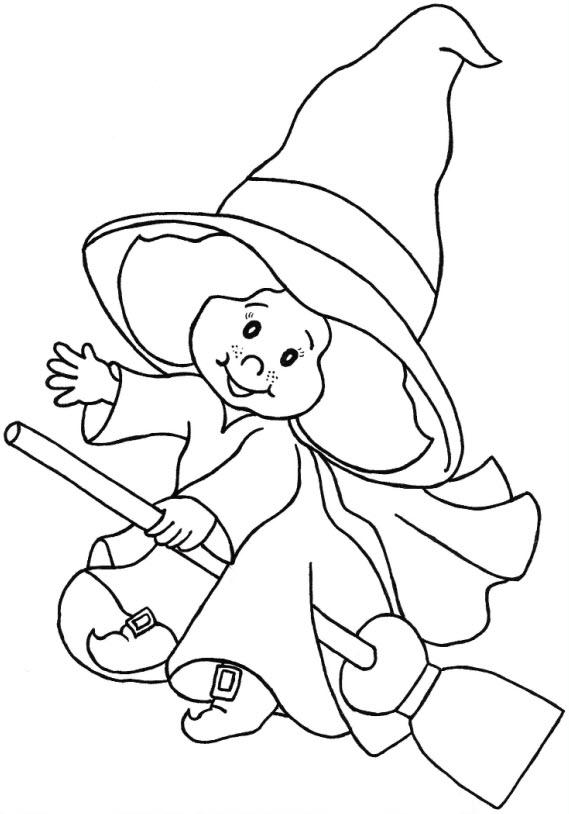 Coloriage d'Halloween avec une sorcière sur un balai volant dans un ciel étoilé