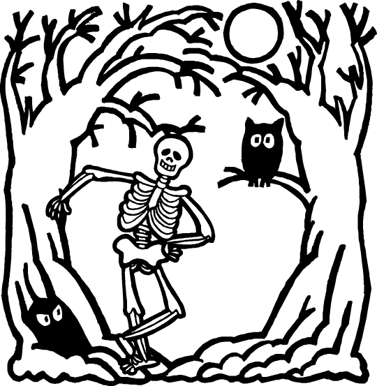 Coloriage d'un chat noir sur un balai dans un décor d'Halloween