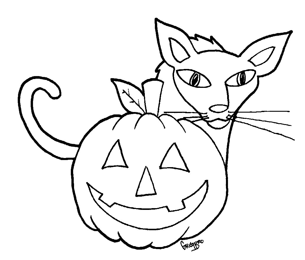 Coloriage d'une scène d'Halloween avec un chat noir et des citrouilles