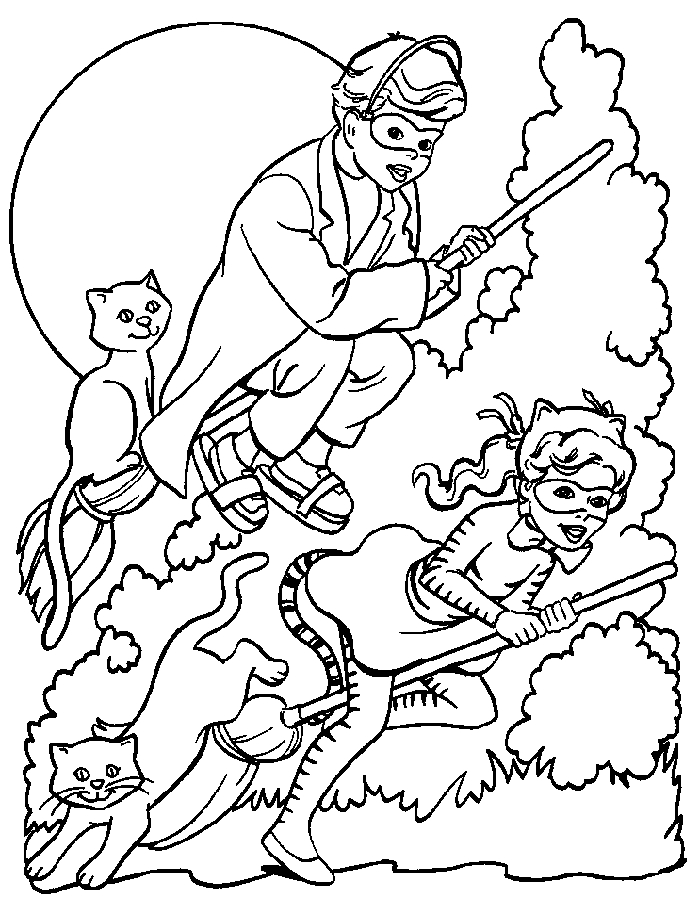Un coloriage d'Halloween avec un fantôme et des citrouilles dans un décor nocturne