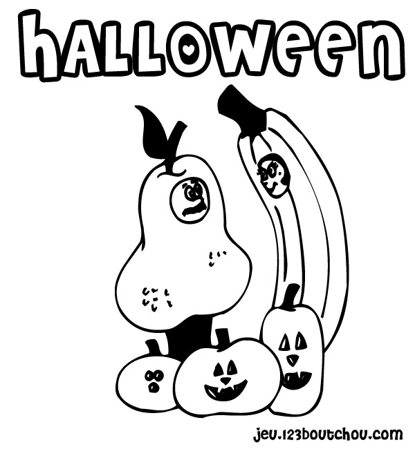 Coloriage d'une scène d'Halloween avec des personnages et des décorations