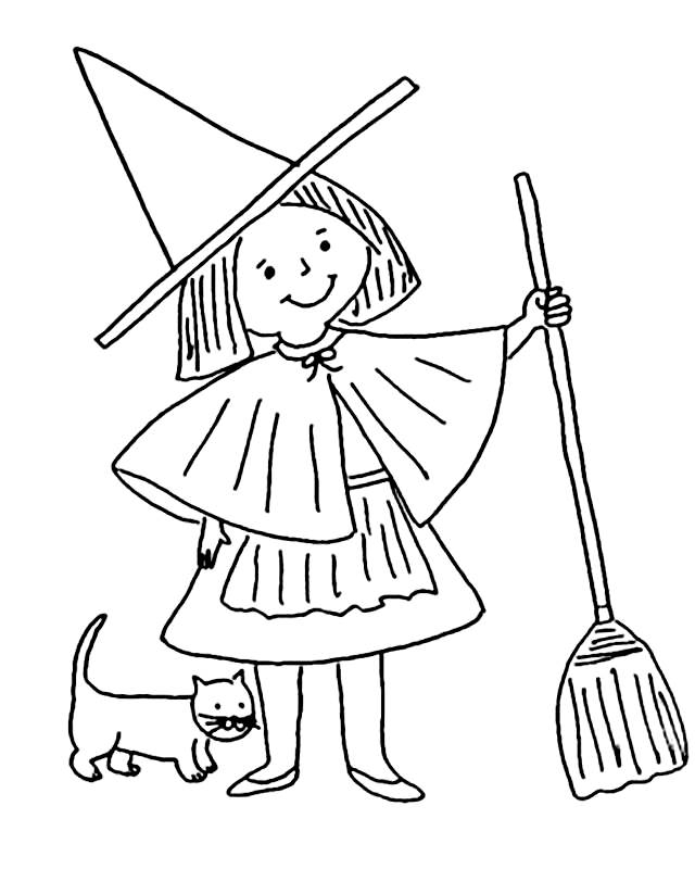 Scène d'Halloween avec sorcière, chat noir et citrouilles