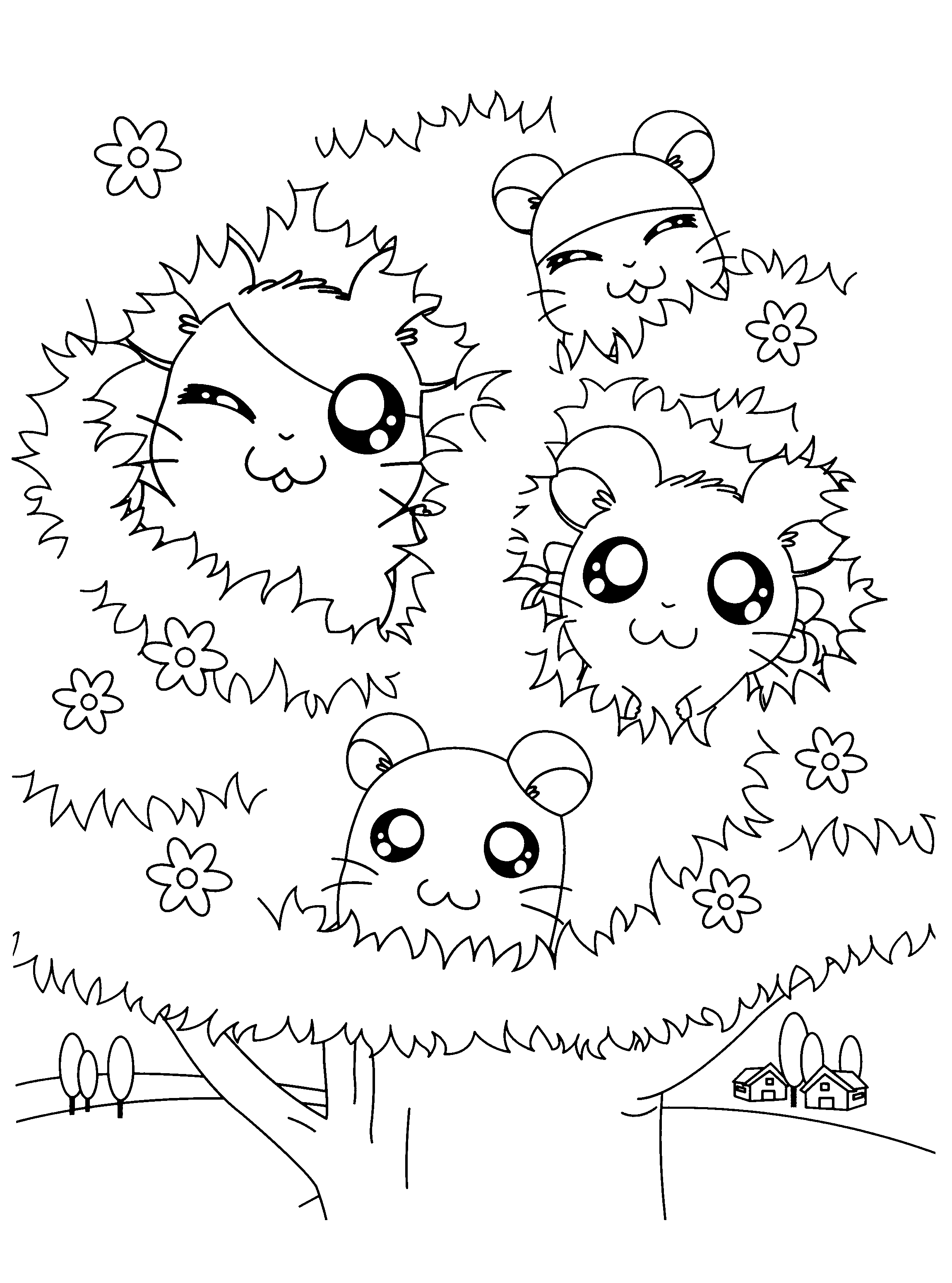 Hamtaro et ses amis en pleine aventure dans un champ fleuri