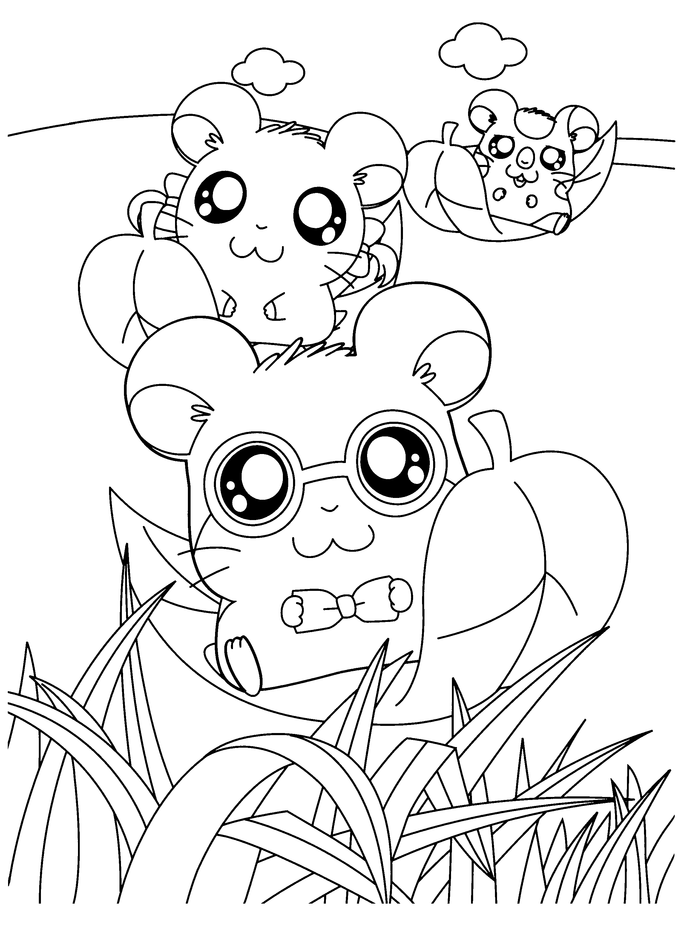 Hamtaro et ses amis dans une scène ludique au milieu des fleurs