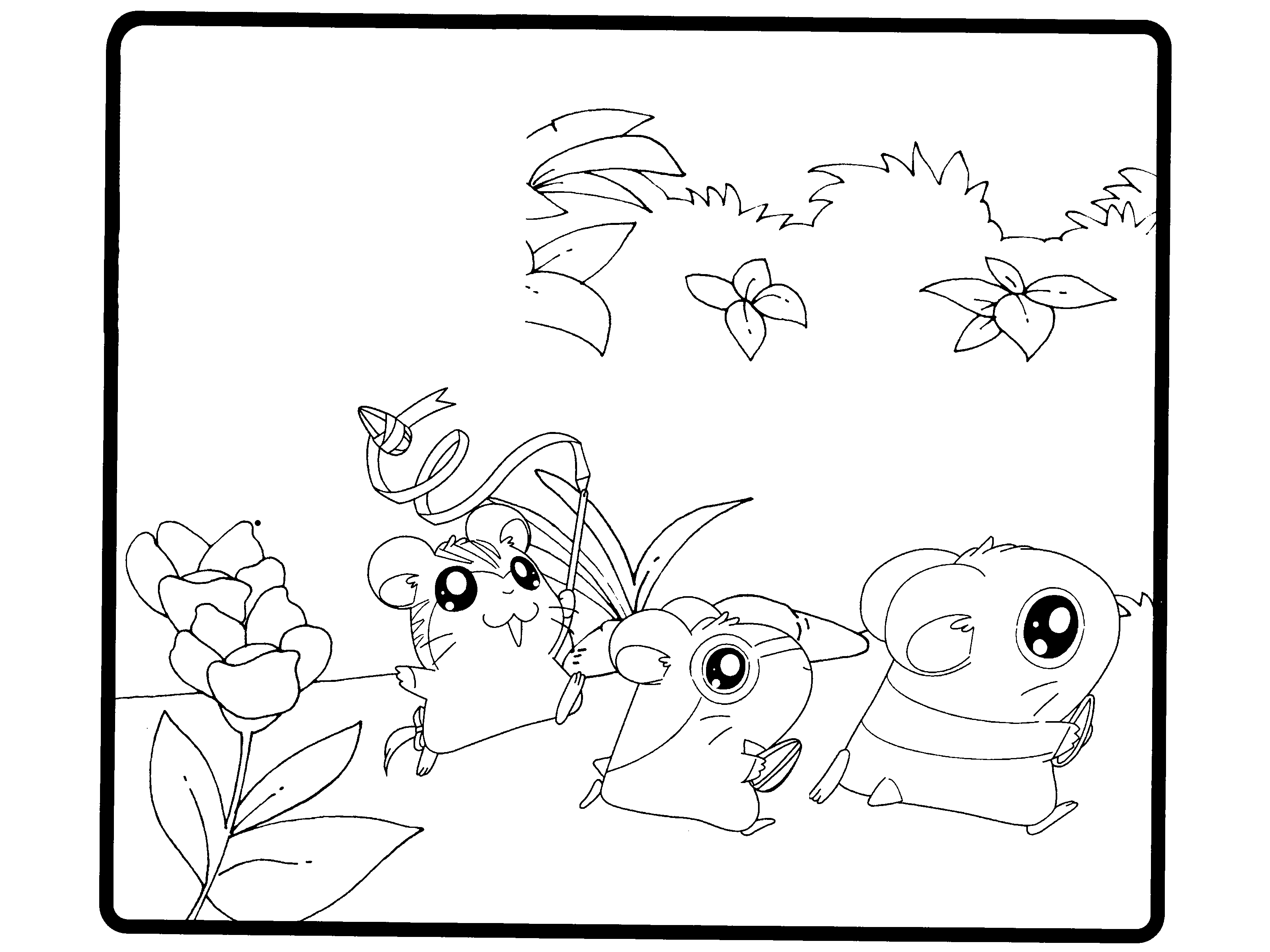 Hamtaro et ses amis en pleine aventure dans un champ fleuri
