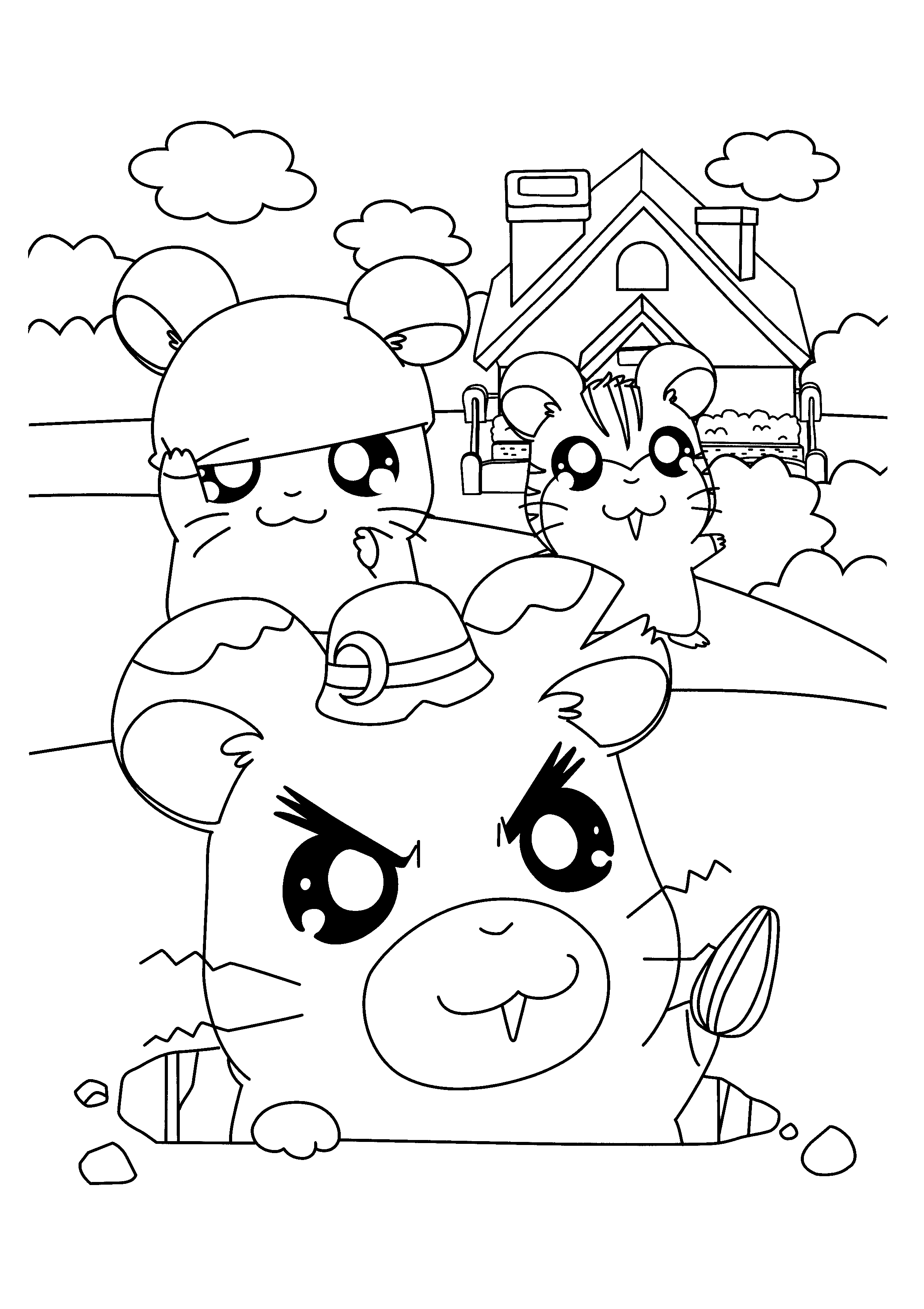 Hamtaro et ses amis s'amusent dans un décor champêtre