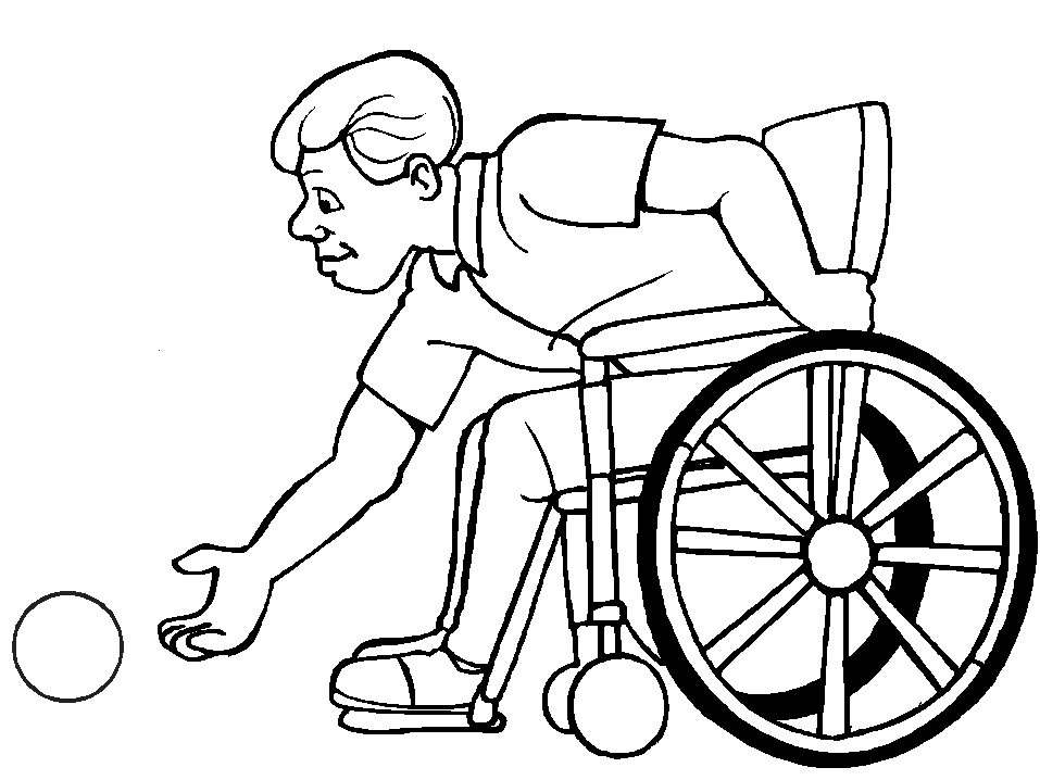Un enfant souriant colorie un dessin représentant une personne en fauteuil roulant