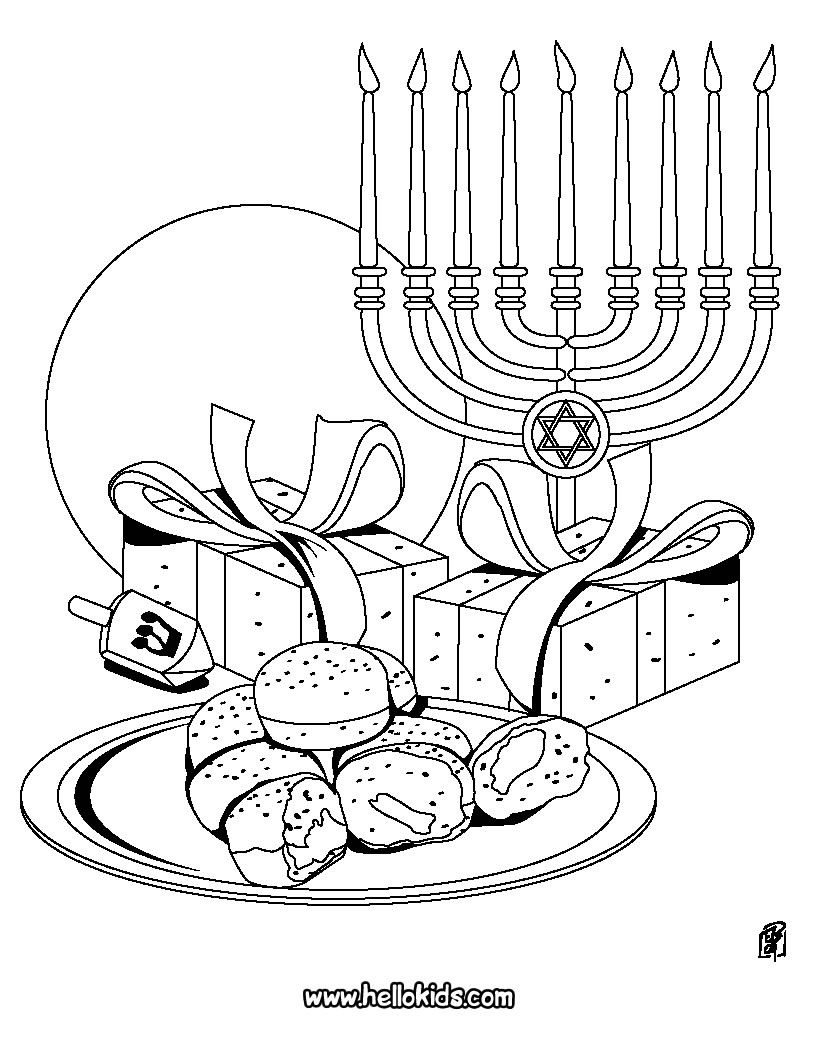 Coloriage de Hanoucca avec une menorah et des enfants