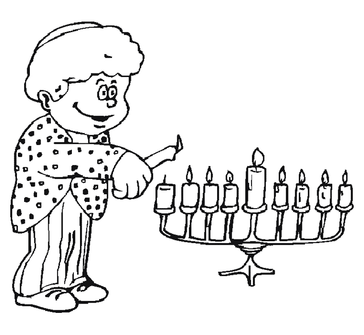 Coloriage de Hanoucca avec une menorah illuminée et des enfants joyeux