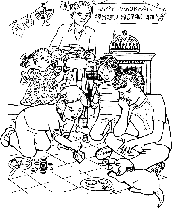 Coloriage de la fête de Hanoucca avec une menorah et des enfants