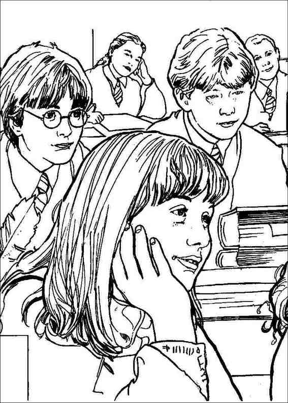 Coloriage de Harry Potter avec sa baguette dans un décor magique