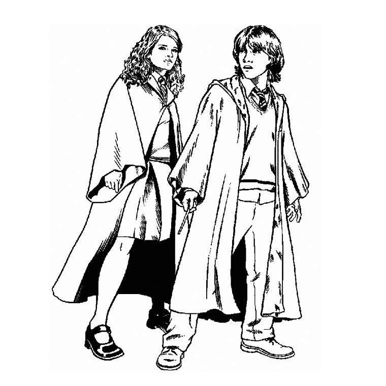Coloriage de Harry Potter avec sa baguette magique dans un décor magique