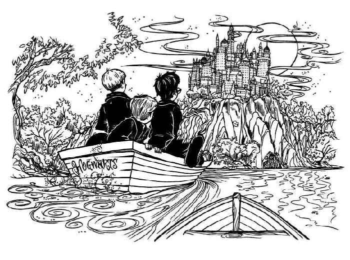 Harry Potter en train de voler sur son balai dans un paysage magique