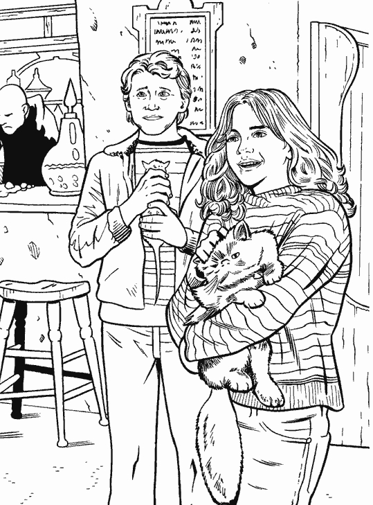 Coloriage de Harry Potter avec ses amis au sein de Poudlard