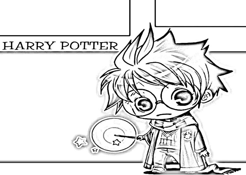 Harry Potter tenant sa baguette devant le château de Poudlard