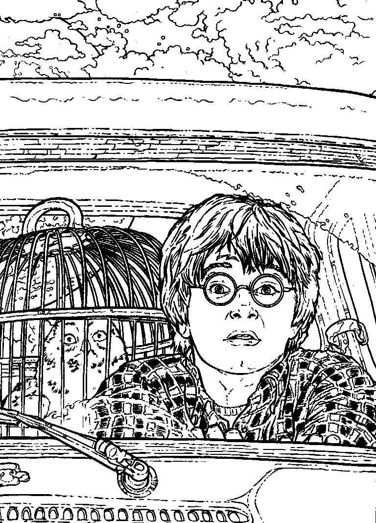 Harry Potter en train de voler sur son balai devant le château de Poudlard