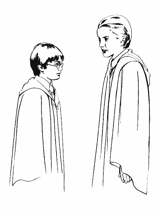 Coloriage de Harry Potter avec sa baguette magique dans un décor scolaire