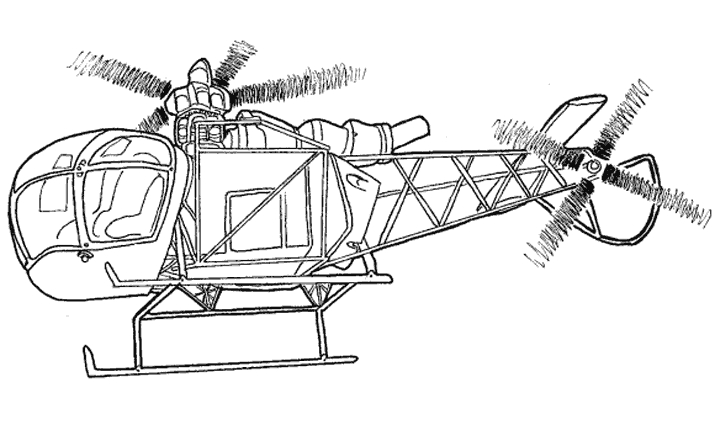 Coloriage d'un hélicoptère en vol au-dessus d'un paysage urbain