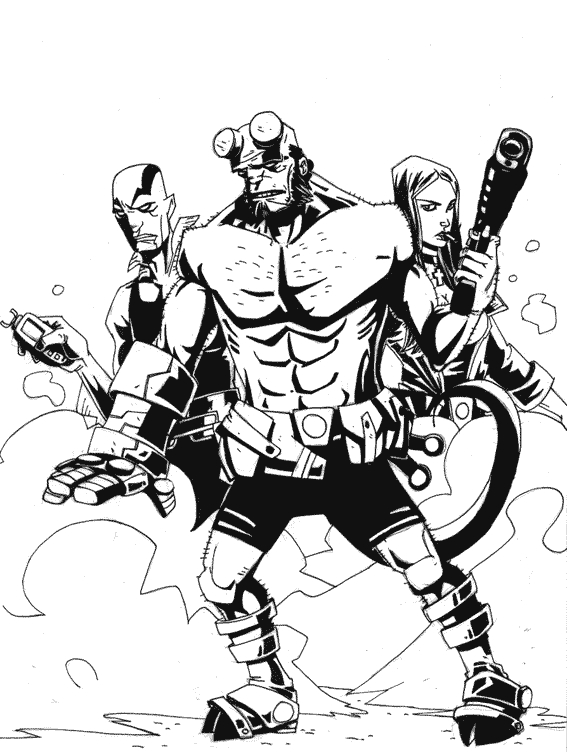 Hellboy en pleine action avec son épée dans un décor sombre