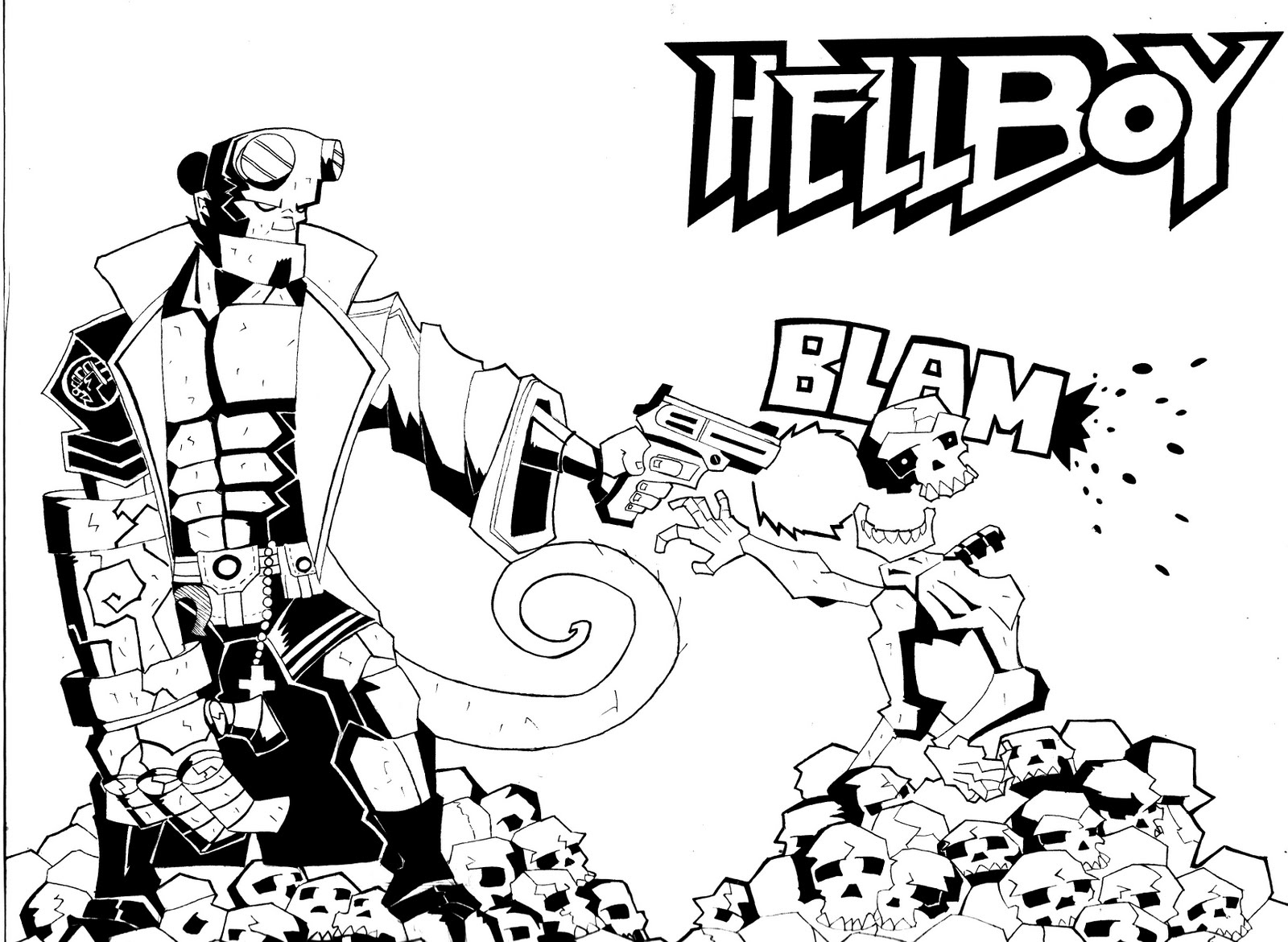 Coloriage de Hellboy en pleine action dans un décor mystérieux