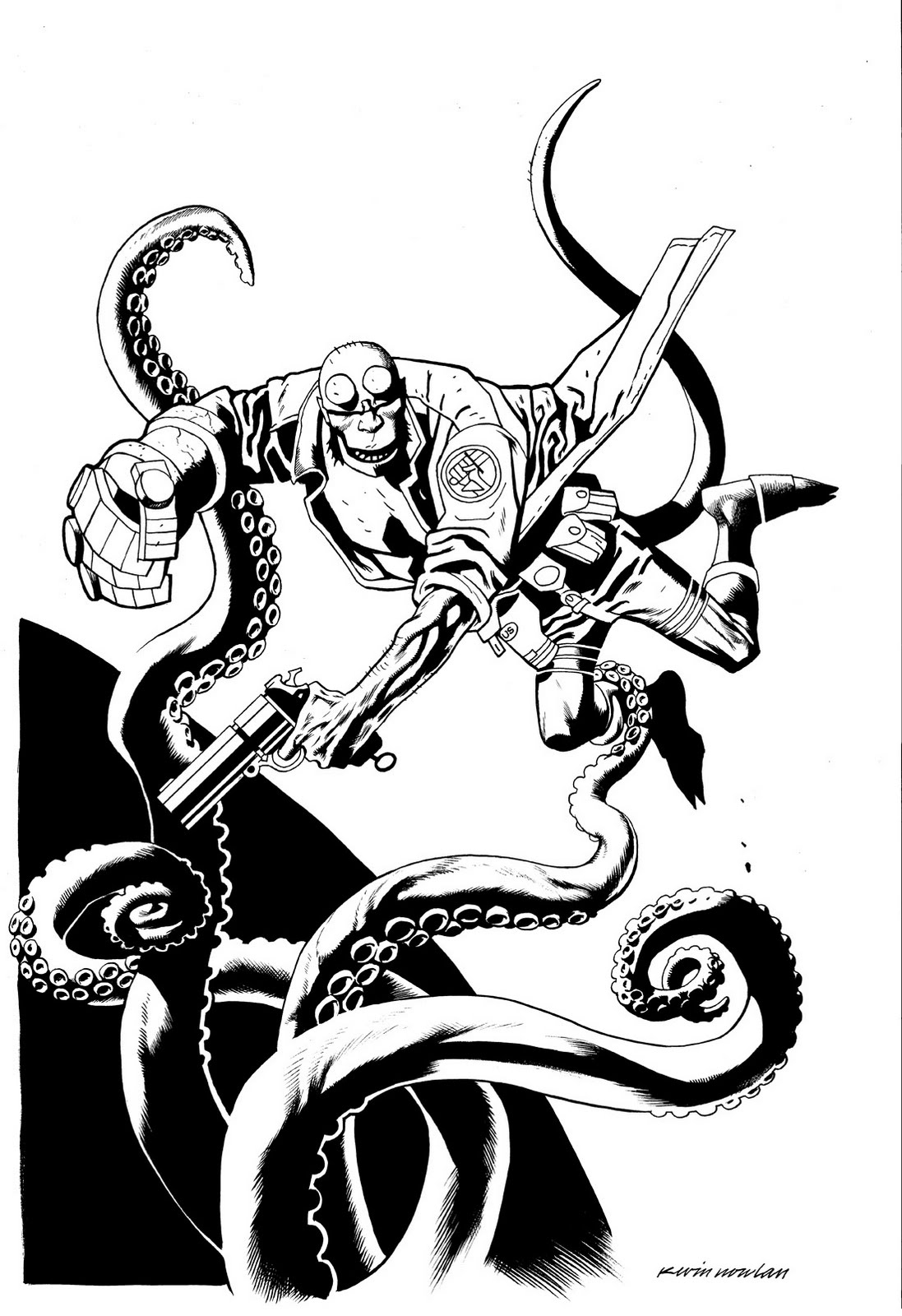 Coloriage de Hellboy en pleine action face à des créatures obscures