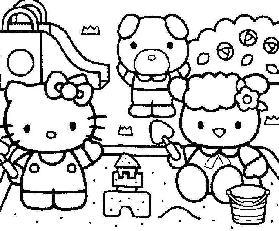 Coloriage de Hello Kitty jouant avec un papillon dans un jardin Coloriage de Hello Kitty jouant avec un papillon dans un jardin