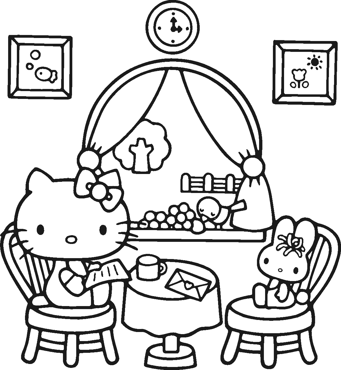 Coloriage de Hello Kitty en pleine activité avec des accessoires ludiques Coloriage de Hello Kitty en pleine activité avec des accessoires ludiques