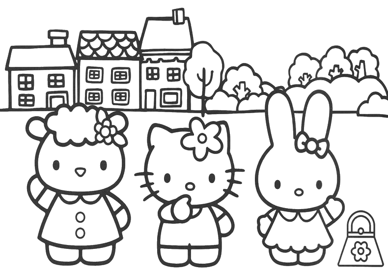Coloriage de Hello Kitty avec des amis dans un décor joyeux Coloriage de Hello Kitty avec des amis dans un décor joyeux