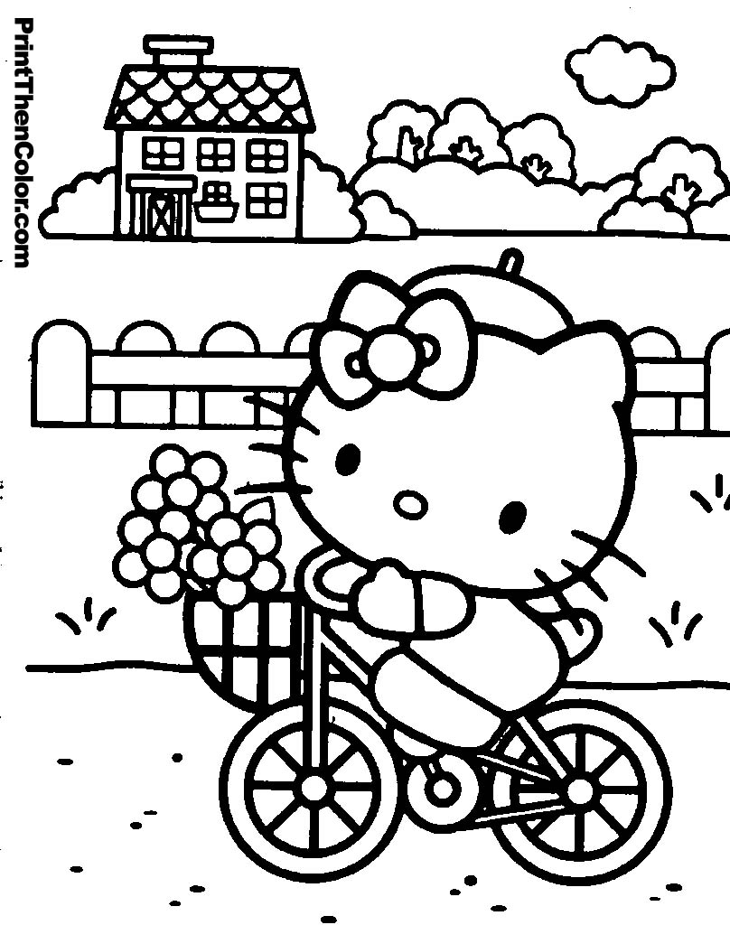 Coloriage de Hello Kitty avec un gros nœud et un fond floral Coloriage de Hello Kitty avec un gros nœud et un fond floral