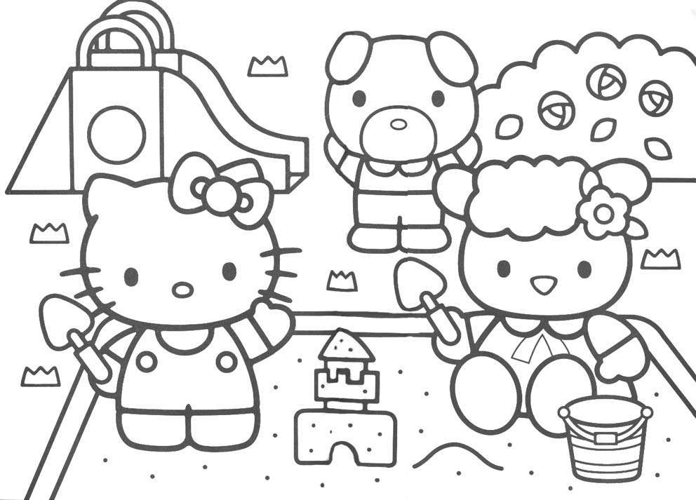 Coloriage de Hello Kitty jouant avec un ballon dans un décor joyeux Coloriage de Hello Kitty jouant avec un ballon dans un décor joyeux