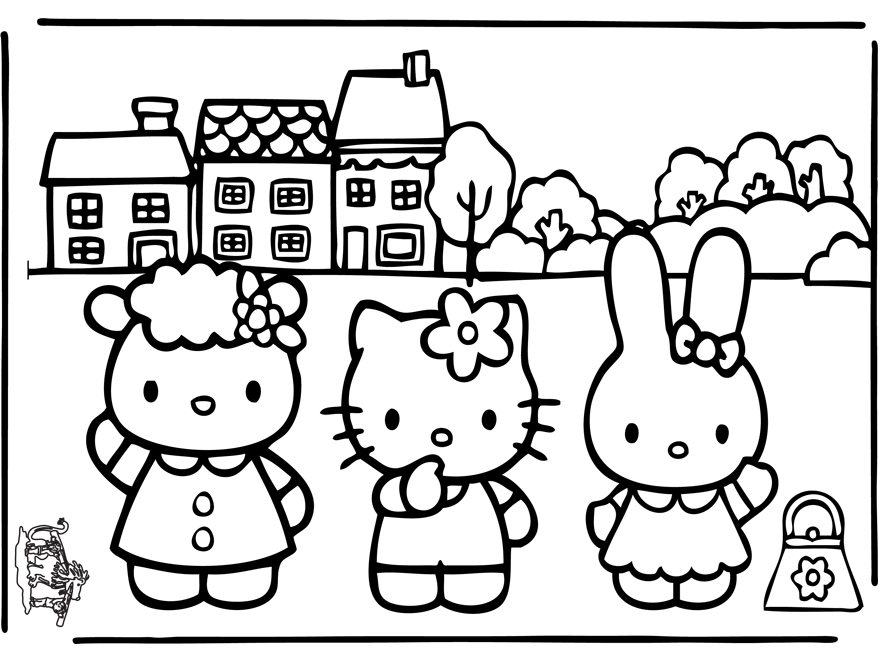 Coloriage de Hello Kitty avec un joli nœud et un décor stylisé Coloriage de Hello Kitty avec un joli nœud et un décor stylisé