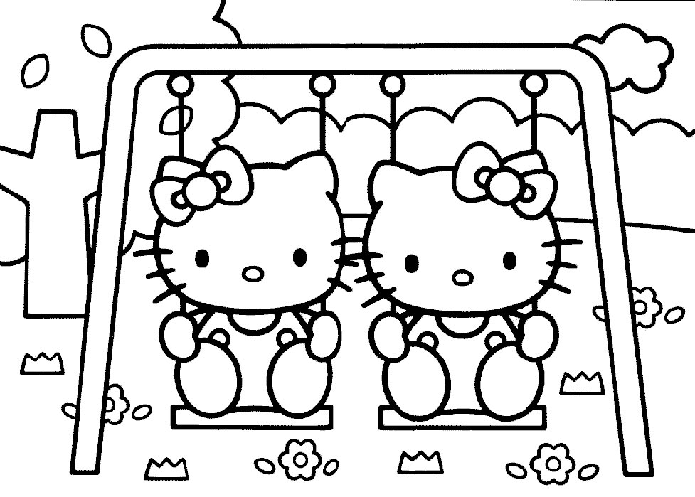 Coloriage de Hello Kitty avec un nœud sur la tête, entourée de fleurs Coloriage de Hello Kitty avec un nœud sur la tête, entourée de fleurs