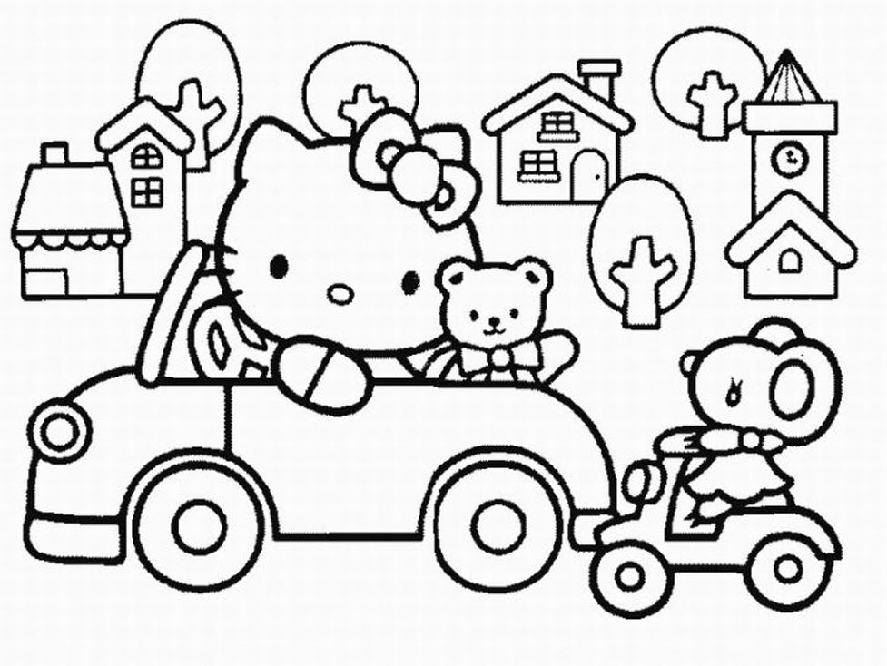 Coloriage de Hello Kitty avec des éléments ludiques et un décor joyeux Coloriage de Hello Kitty avec des éléments ludiques et un décor joyeux