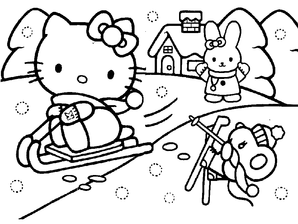 Coloriage de Hello Kitty tenant un cœur dans un décor joyeux Coloriage de Hello Kitty tenant un cœur dans un décor joyeux