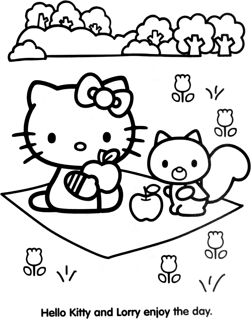Coloriage de Hello Kitty avec un petit chaton dans un décor joyeux Coloriage de Hello Kitty avec un petit chaton dans un décor joyeux