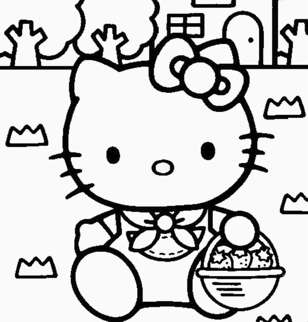 Coloriage de Hello Kitty tenant un ballon dans un décor simple Coloriage de Hello Kitty tenant un ballon dans un décor simple