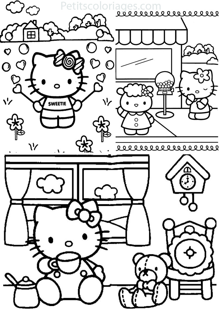 Coloriage de Hello Kitty avec un noeud rose dans un décor simple Coloriage de Hello Kitty avec un noeud rose dans un décor simple