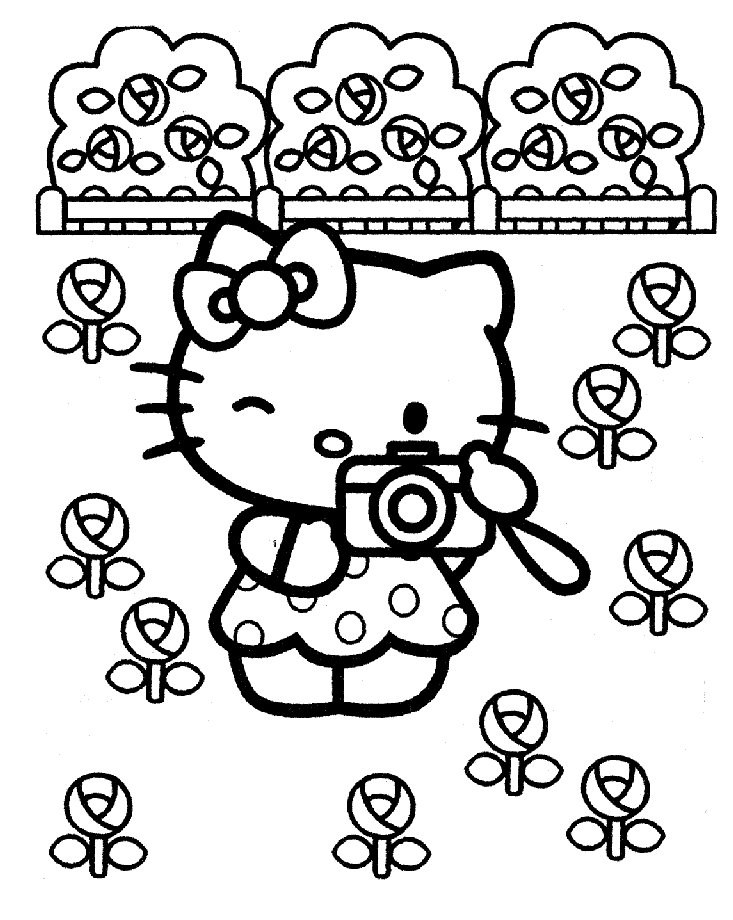 Coloriage de Hello Kitty en pleine activité avec un nœud rouge sur la tête Coloriage de Hello Kitty en pleine activité avec un nœud rouge sur la tête
