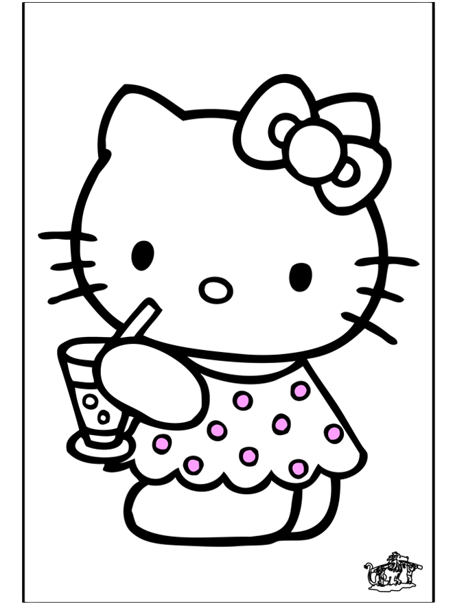 Coloriage de Hello Kitty avec un petit gâteau et un décor festif Coloriage de Hello Kitty avec un petit gâteau et un décor festif